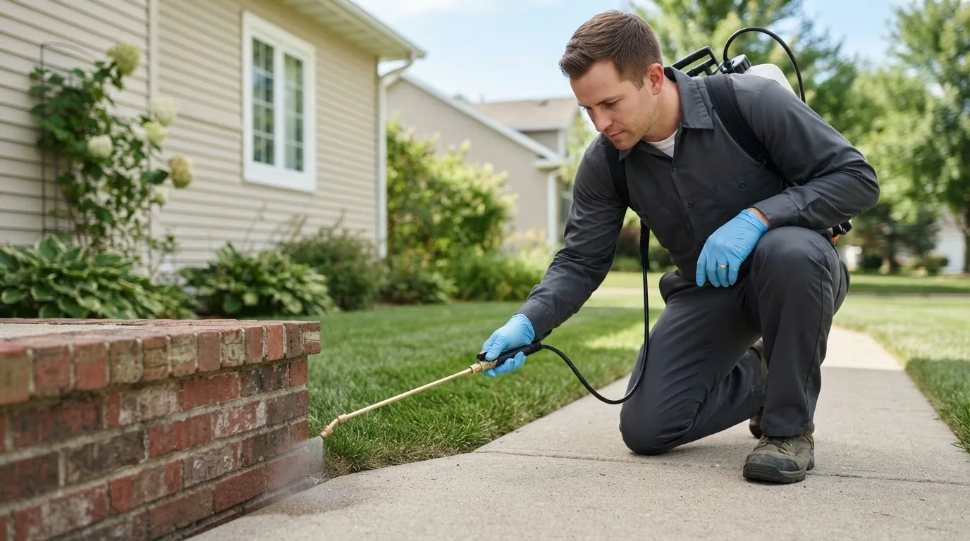 Pest control technician treating a home near Rensselaer, NY